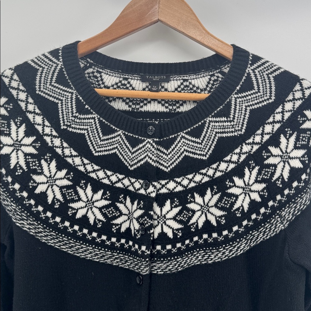 Talbots Snowflake Fair Isle Cardigan Black & White Size Large Petite - Picture 3 of 8
